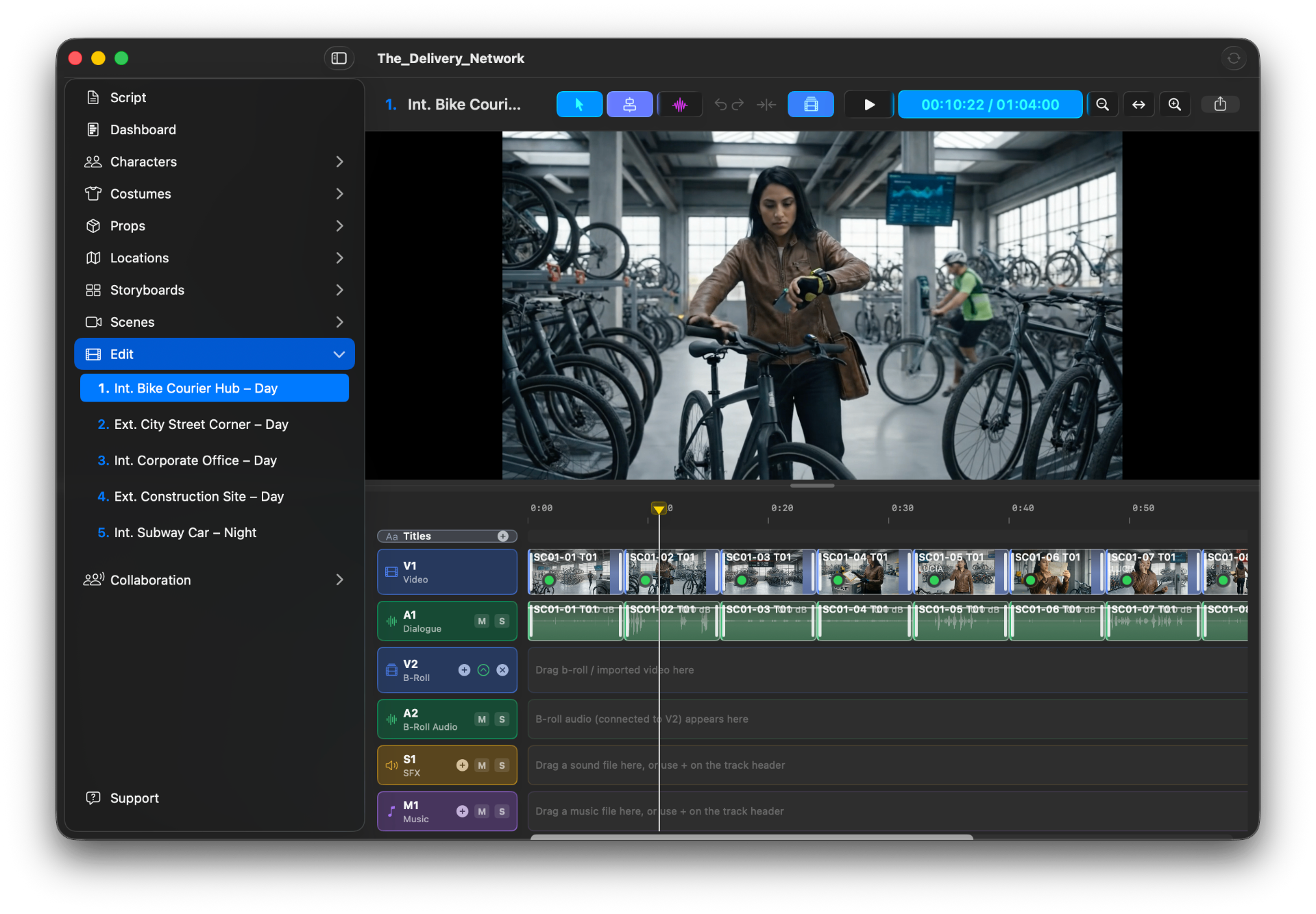 Multi-track timeline with video, dialogue, SFX, and music