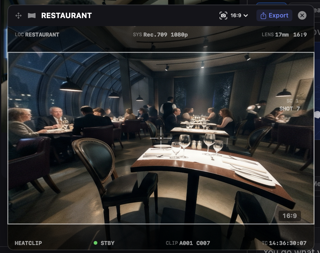 Viewfinder previewing a restaurant scene with timecode and lens metadata