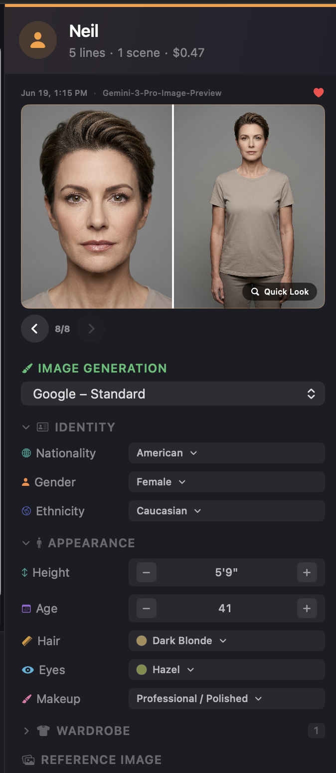 Character sheet for Neil with identity and appearance controls